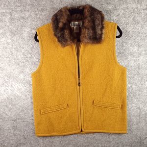 Lisa International Boiled Wool Vest Womens M Yellow Detachable Fur Collar NEW